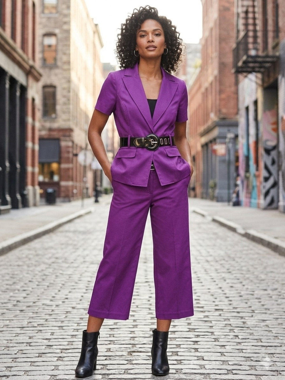 Worthington London Purple Short-Sleeve Blazer with Cropped Pants